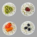 Berries and vegetables on curd on a gray background. Collage