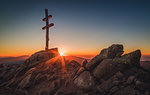 Rocky Mountain Peak with Cross on the Top at Sunset. Mount Dumbier, the Highest Peak of the National Park Low Tatras, Slovakia.