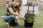Woman tending to potted plant in garden
