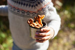 Boy with cup of wild mushrooms in forest, craterellus tubaeformis