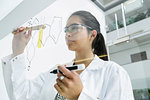 Medical student drawing atoms on glass wall in classroom