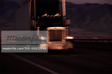 Transport Truck on Highway at Night, Nevada, USA