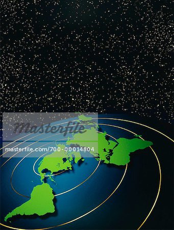 World Map and Rings with Starry Sky
