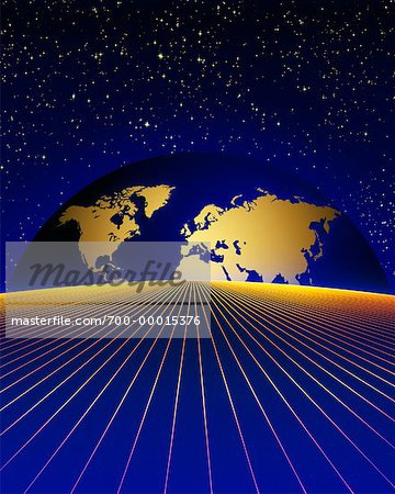 Globe Rising over Horizon and Grid with Starry Sky North America and Europe