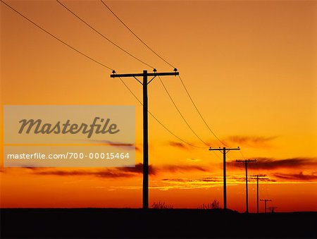 Silhouette de poteaux téléphoniques au coucher du soleil, près de Val Marie en Saskatchewan, Canada