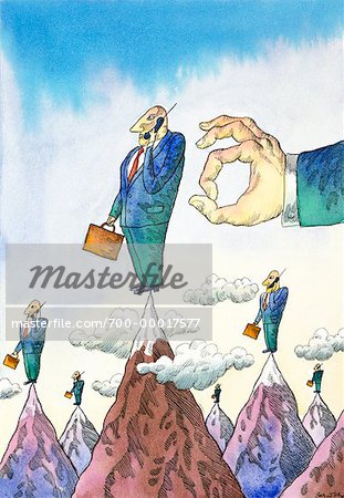 Illustration of Businessmen Standing on Mountaintops, Using Cell Phones