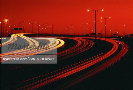 Light Trails on Highway #401 at Night, Toronto, Ontario, Canada