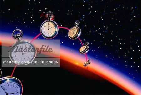 String of Pocket Watches in Space With Horizon
