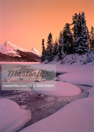 Maligne Lake at Sunset in Winter Jasper National Park Alberta, Canada