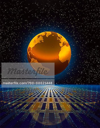 Globe and Grid in Starry Sky Atlantic Ocean