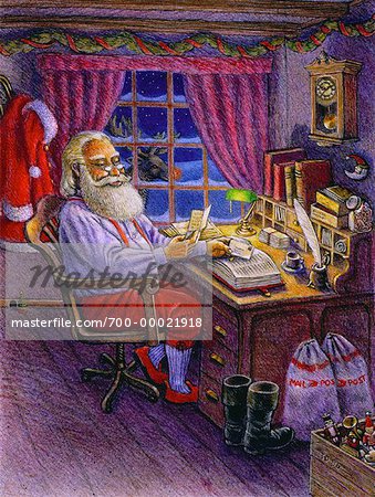 Illustration of Santa Claus Reading Mail