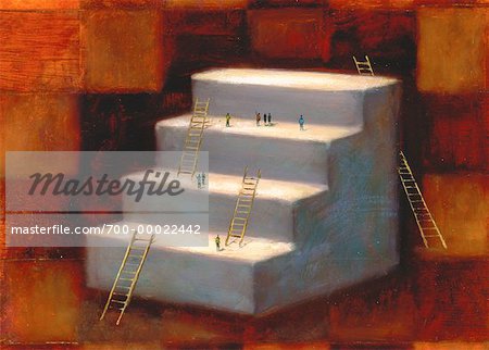 Illustration of People Climbing Giant Steps with Ladders