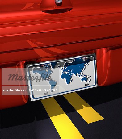 Car on Road with World Map on License Plate