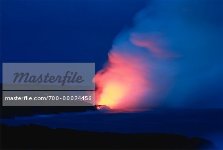 Lava Flow into Pacific Ocean at Night Hawaii Volcanoes National Park Hawaii, USA