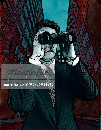 Businessman Using Binoculars Near Office Towers