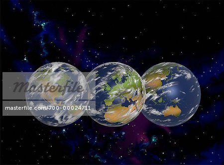 Drei Globen anzeigen Kontinente der Welt in den Sternenhimmel