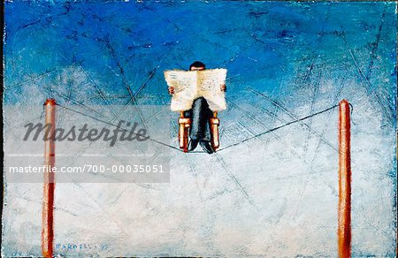 Illustration of Man Sitting on Tightrope, Reading Newspaper