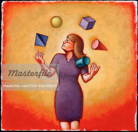 Illustration of Businesswoman Juggling Geometric Shapes