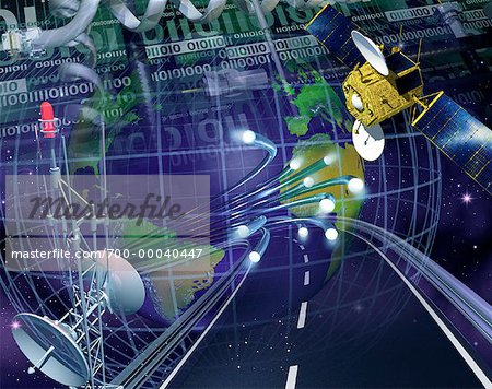 Collage de communications avec Globe, Satellite, fibre optique et Code binaire