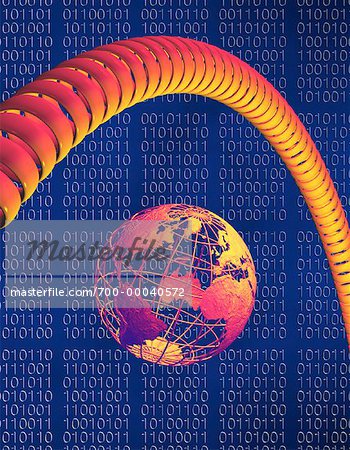 Globe, Telephone Cord and Binary Code