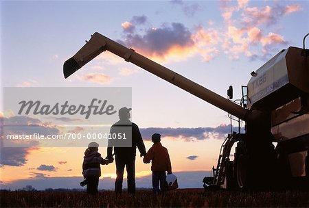 Back View of Father and Children Standing near Farm Equipment