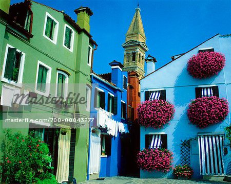 Häuser mit Blumen Insel der Lagune von Burano-Venedig, Italien