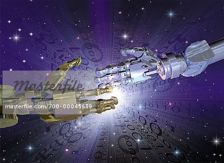 Poignée de main robot et Code binaire dans l'espace