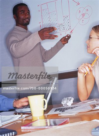 Homme d'affaires, présentation à l'aide du tableau blanc