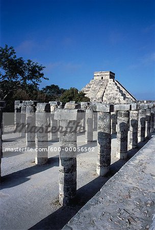 Plaza of The Thousand Columns and Kukulkan Pyramid Chichen Itza. Mexico