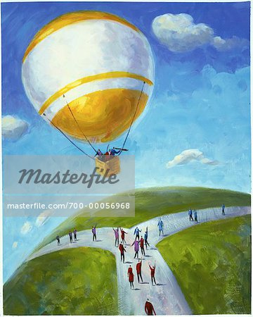 Illustration of People Watching Hot Air Balloon Flying Overhead