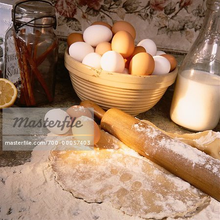 Flour, Dough, Eggs, Milk and Rolling Pin