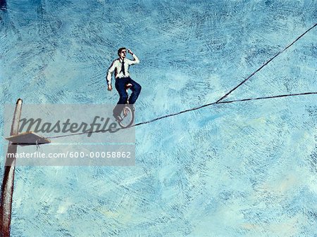 Illustration of Businessman Riding Unicycle on Tightrope