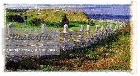 White Fence and Sod Buildings at L'Anse aux Meadows National Historic Site Newfoundland and Labrador, Canada