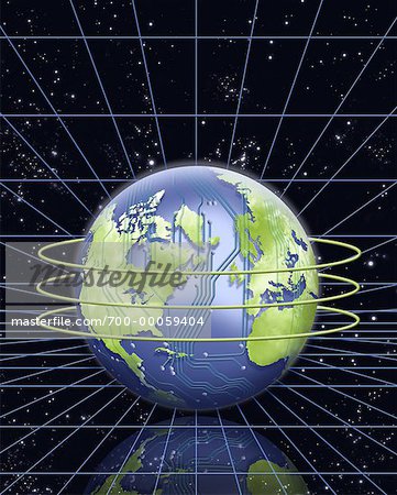 Circuit Board Globe with Rings And Grid in Space North America and Europe