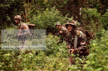 Three Soldiers Wearing Camouflage Carrying Weapons In Jungle