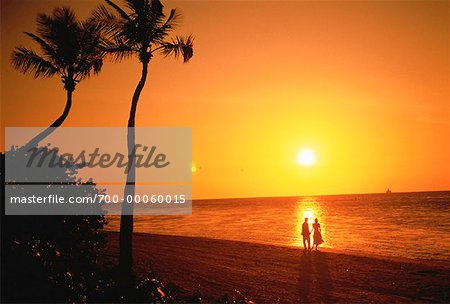 Silhouette d'un Couple sur la plage au coucher du soleil Tropical