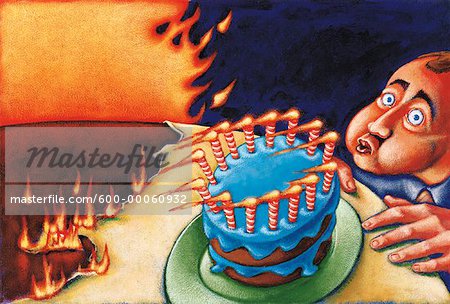 Illustration de l'homme, provoquant un incendie de souffler les bougies sur le gâteau