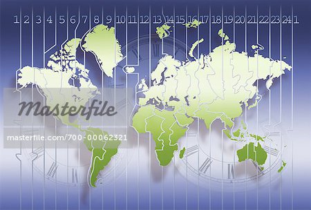 Weltkarte und Zeitzonen mit drei Uhren
