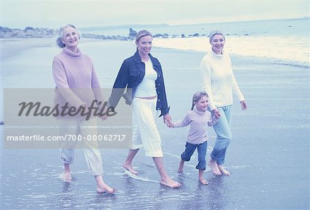 Four Generations of Women Walking on Beach