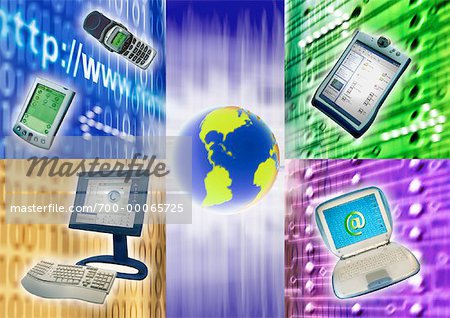 Globe, téléphone cellulaire, agendas électroniques, ordinateur portable, ordinateur Code binaire et adresse Internet