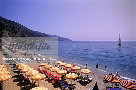 Umbrellas and Chairs on Beach Monterossa, Cinque Terre, Italy