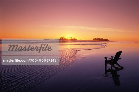 Adirondack Chair on Beach at Sunset, Long Beach, Vancouver Island, British Columbia, Canada