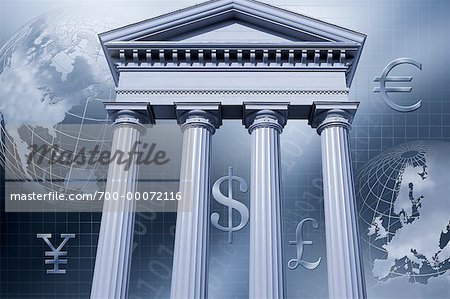 Finanzielle Collage mit Säulen Globen, internationale Währungssymbole und Binärcode