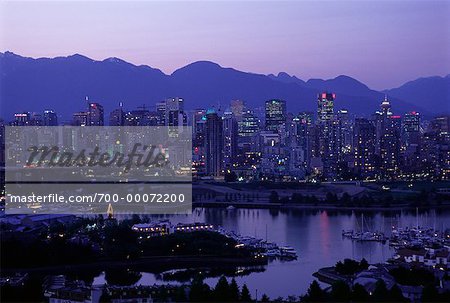 City Skyline, Harbor and Mountains at Dusk, Vancouver British Columbia, Canada