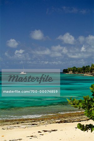 Ansicht des Bootes auf dem Wasser vom Strand Französische Antillen