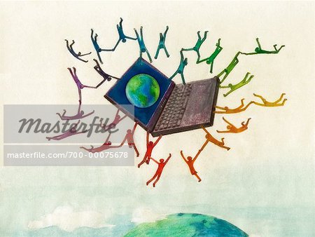 Illustration of Figures Hanging Onto Falling Laptop with Globe On Screen
