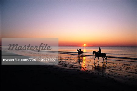 Silhouette de gens équitation sur la plage au coucher de soleil de Sea Island, Géorgie, Etats-Unis