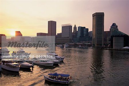 Cityscape and Inner Harbor at Sunset, Baltimore, Maryland, USA