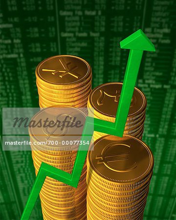 Line Graph with Stacks of Coins With International Currency Symbols and Stock Listings