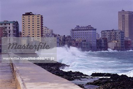 Cityscape, Shoreline and Crashing Waves Havana, Cuba